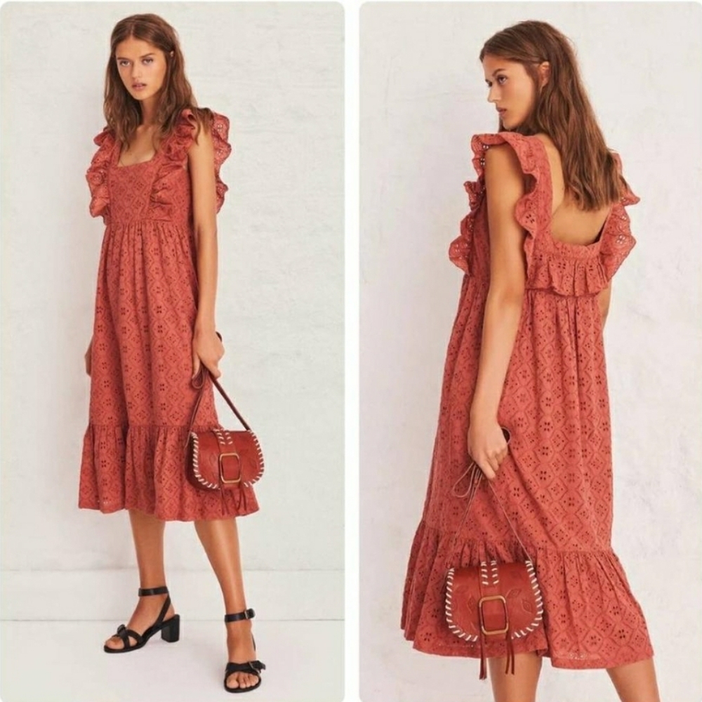 ba&sh Orange New Byrd Broderie Anglaise Midi Peche Casual Maxi Dress